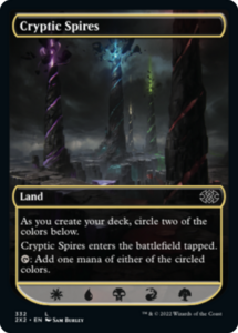 The Magic: The Gathering card, Cryptic Spires. Five dark spires rise out of a rocky, desolate landscape As a fissure breaks through the land between them, each spire shoots energy up into the dark sky.