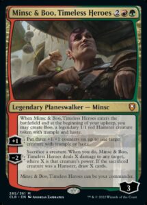 The Magic: The Gathering card, Minsc & Boo, Timeless Heroes. A bald human ranger sits underneath an awning in a marketplace, looking confident with a hamster on his wrist.
