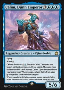 The Magic: The Gathering card Calim, Djinn Emperor. A djinn wearing leather armor floats in a rocky desert setting. There is electricity flickering out of their left hand, as storm clouds swirl around high above them.