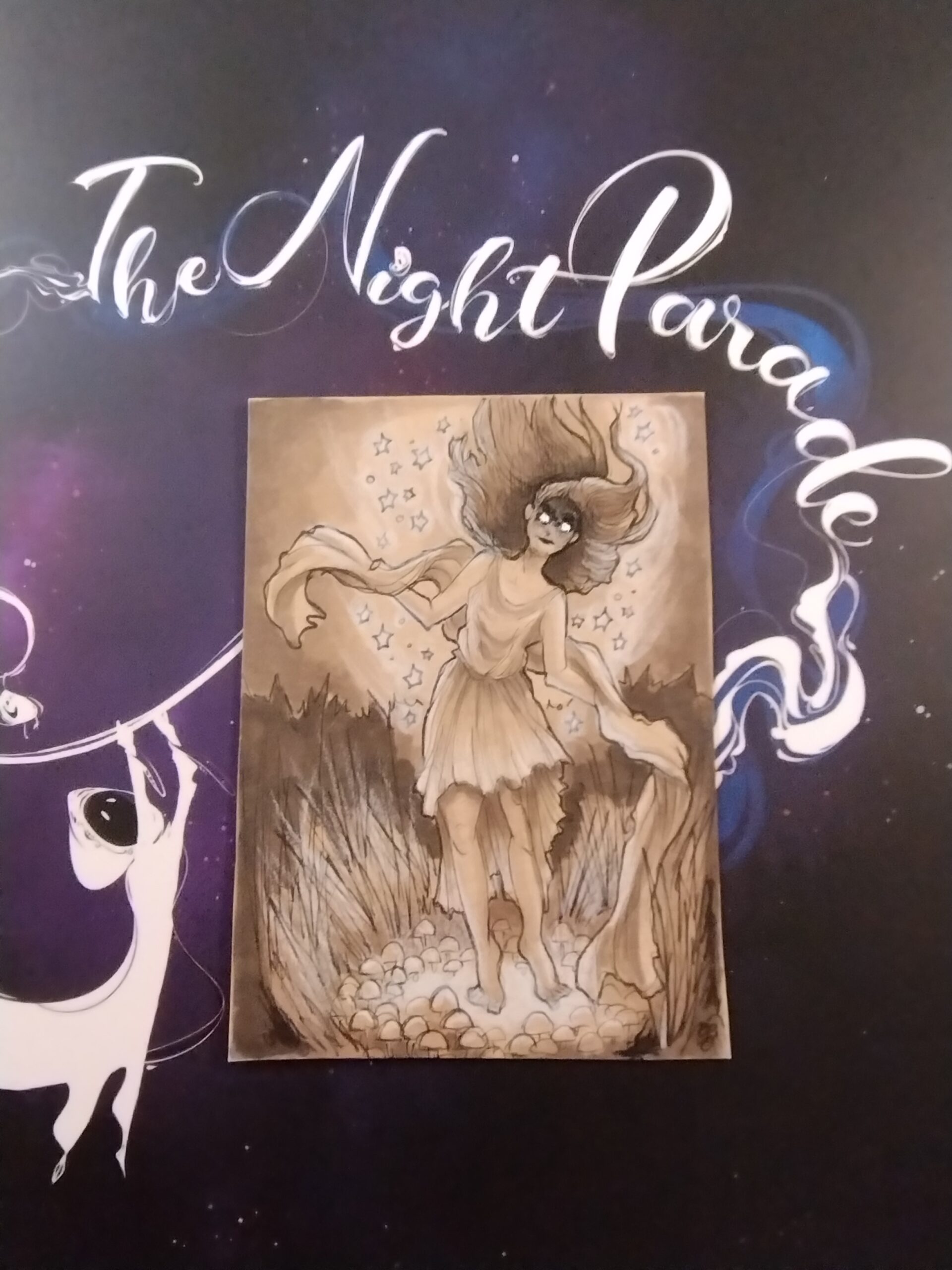 Art by Amy E Owers with The Night Parade written above in curling white script on a purple celestial background.