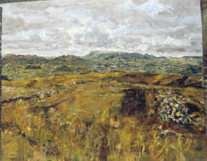 An oil painting of an Irish countryside. Wild, unkempt hills roll on into the horizon, under a dense canopy of puffy clouds.