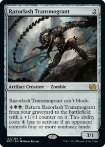 The Magic: The Gathering card, Razorlash Transmogrant. A robotic, metallic zombie swings long, jagged chains through the air. They're standing in front of a desolate, rocky landscape, as dust is kicked up from their attack.