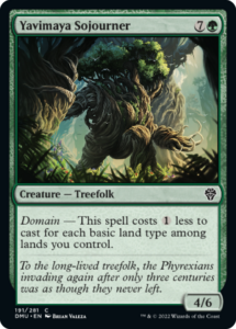 The Magic: The Gathering card, Yavimaya Sojourner. A treefolk walks below the branches of much larger trees, as small birds circle their upper branches.