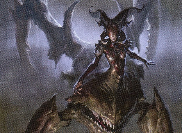 Sheoldred, a Phyrexian Praetor, is partially shrouded in darkness. Her four lower limbs are pointy, with jagged edges that have a carapace-like texture. The front of her lower body has a wide mouth with many teeth. Her human-like torso is feminine, with multiple horns and jagged features. 