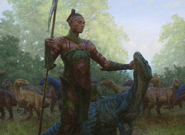 An elf carrying a staff stands among a crowd of dinosaurs in a clearing of trees, while touching the head of a dinosaur that looks up affectionately at them.
