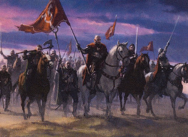 A line of knights on horseback, and soldiers, march forward with weapons and banners raised. On their banner is the collar of Avacyn, the symbol of her church.