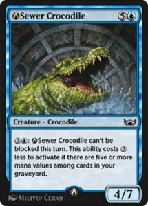 The Magic: The Gathering card, Sewer Crocodile. A large crocodile breaches out of water, with a an open mouth revealing many large teeth. Behind them is the mosaic interior walls of a sewer.