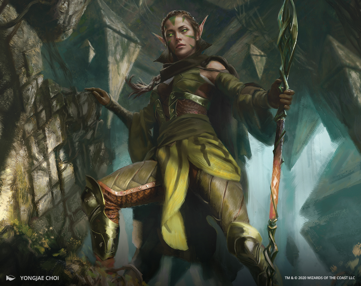 An illustration of Nissa half in shadow, from the card “Nissa of Shadowed Boughs”