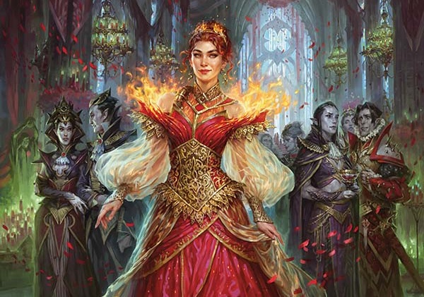Illustration of Chandra smirking in an elaborate red dress, from the card “Chandra, Dressed to Kill”