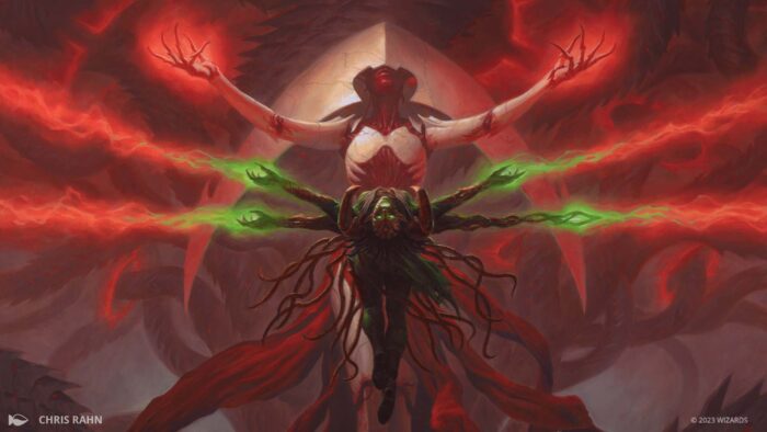 Illustration showing Nissa hovering before Elesha Norn, transformed into a monster with four arms, from the card “All Will Be One”.