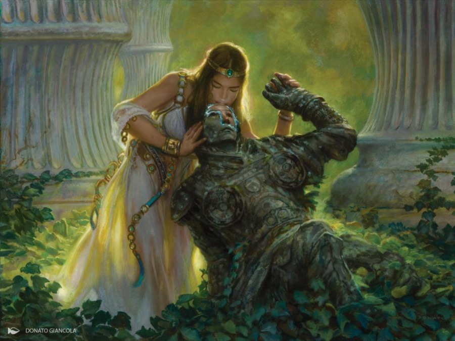 A woman in a white gown kissing a man turned to stone, releasing him from the spell, from the card True Love’s Kiss.