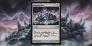 The Magic card Magnetic Mine. A spikey disc is resting on the ground, with lightening coursing around its prongs.