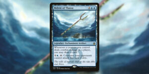The Magic card Bident of Thassa. A two-pronged spear floats above ocean waves, with clouds breaking around it.