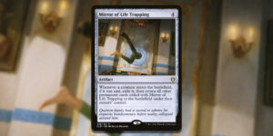 The Magic card Mirror of Life Trapping. The bottom half of a person is disappearing through a marble wall, with legs kicking in the air. They look to be doing so by accident.
