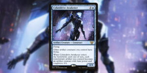 The Magic card Cyberdrive Awakener. A humanoid robot suit floats above a nighttime cityscape. 