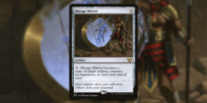 The Magic card Mirage Mirror. A minotaur looks into a hazy mirror, held between the depiction of Nicol Bolas' horns. In the reflection they see not themselves, but the zombie army version of themselves.