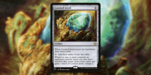 The Magic card Coveted Jewel. It's a large, roughly-cut gemstone set in a Mesoamerican-esque fixture. In the reflection, there are two different people reaching for it.