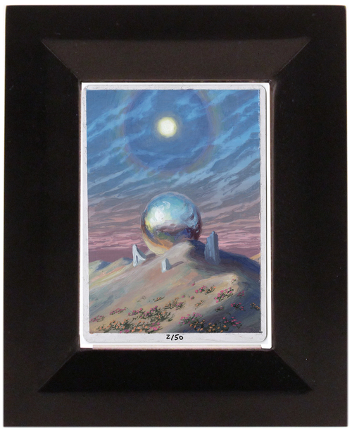 A paraselene hovers in the sky, above a massive metallic sphere resting atop a dune in a desert-like setting.