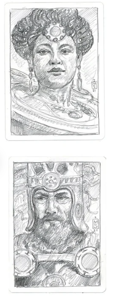 Pencil sketches from Matt Stewart, depicting Kenrith and Linden of Eldraine.
