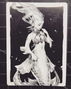 An ink illustration of a mermaid, looking calmly downward in dark undersea setting. Their hair is floating upwards, revealing fish-like ears.