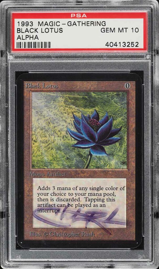 The graded, signed Black Lotus in a PSA grading case.