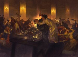 A dining room full of nobles has erupted into a brawl. Tables of food are being overturned, people are crawling over each other, and a dinner fork is being used as a stabbing weapon.