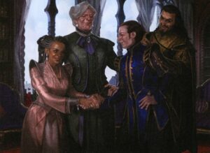Four politicians stand in a dimly-lit room together, in front of a window. A white middle-aged man with short hair is standing with hand on hip, locked in a handshake with a middle-aged Black woman with greying braids, who is using an extra hand to clasp down in the gesture. The other people are looking on approvingly, but we can only speculate as to what is actually being agreed upon.