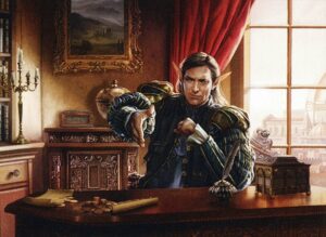 A male elf sits at a wooden desk, extending a hand out to you, in order to cut a deal. The office has various trinkets in it, such as a scroll with some gold beside it, as well as a painting of a rural, Tuscan-like countryside. 