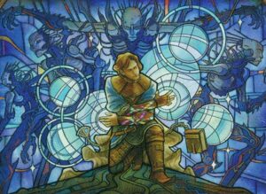 Raff, a white man with shoulder-lengh hair, kneels in front of a stained glass depiction of attacking Phyrexians.