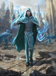 Jace, Wielder of Mysteries, a Laboratory Maniac you can have in the command zone. Jace is a white man with short hair and a long hooded cloak on. He's walking through rubble in a Ravnican street, with multiple Jace clones behind him.