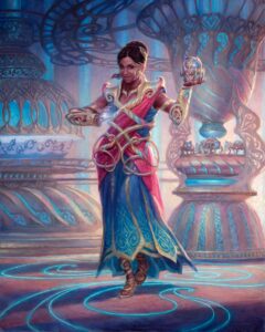 Saheeli, the Gifted, the only banned planeswalker in the format. No, I swear I’m not bitter about it.Saheeli is a Brown woman with with long hair tied up in a bun, clad in a flowing dress with copper decorative armor accents. She is holding a ball filled with etherium, and is standing in an ornate hall of metallic artifacts and architecture.
