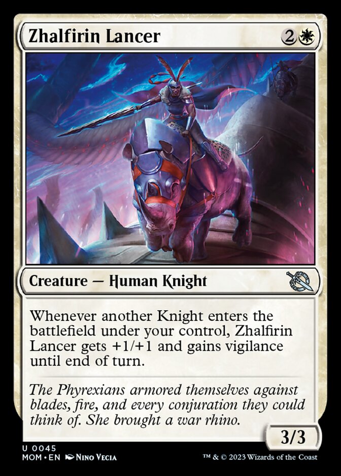 The card Zhalfirin Lancer, a white creature. The art shows a muscular Black woman in heavy armor riding a rhinoceros. The flavor text reads, “The Phyrexians armored themselves against blades, fire, and every conjuration they could think of. She brought a war rhino.