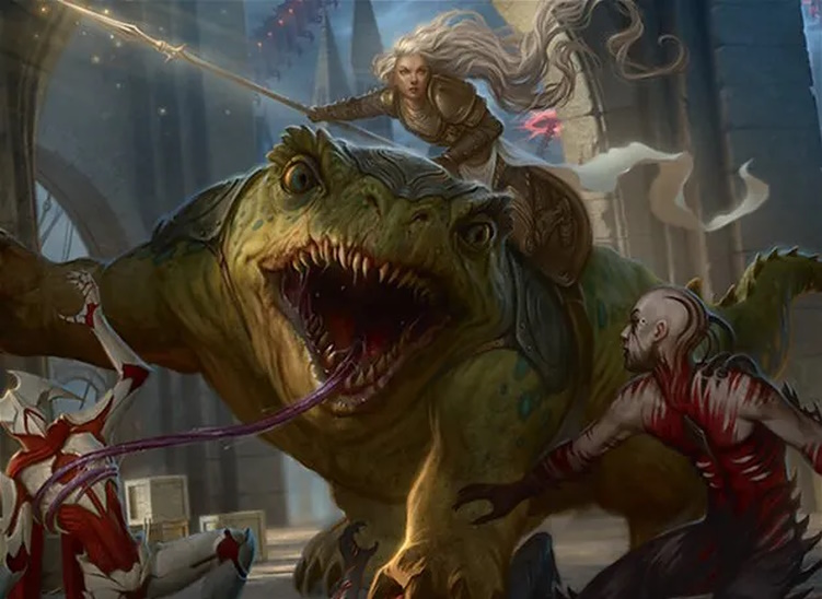 Thalia and Gitrog taking down a bunch of Phyrexians, from the card Thalia and Gitrog.