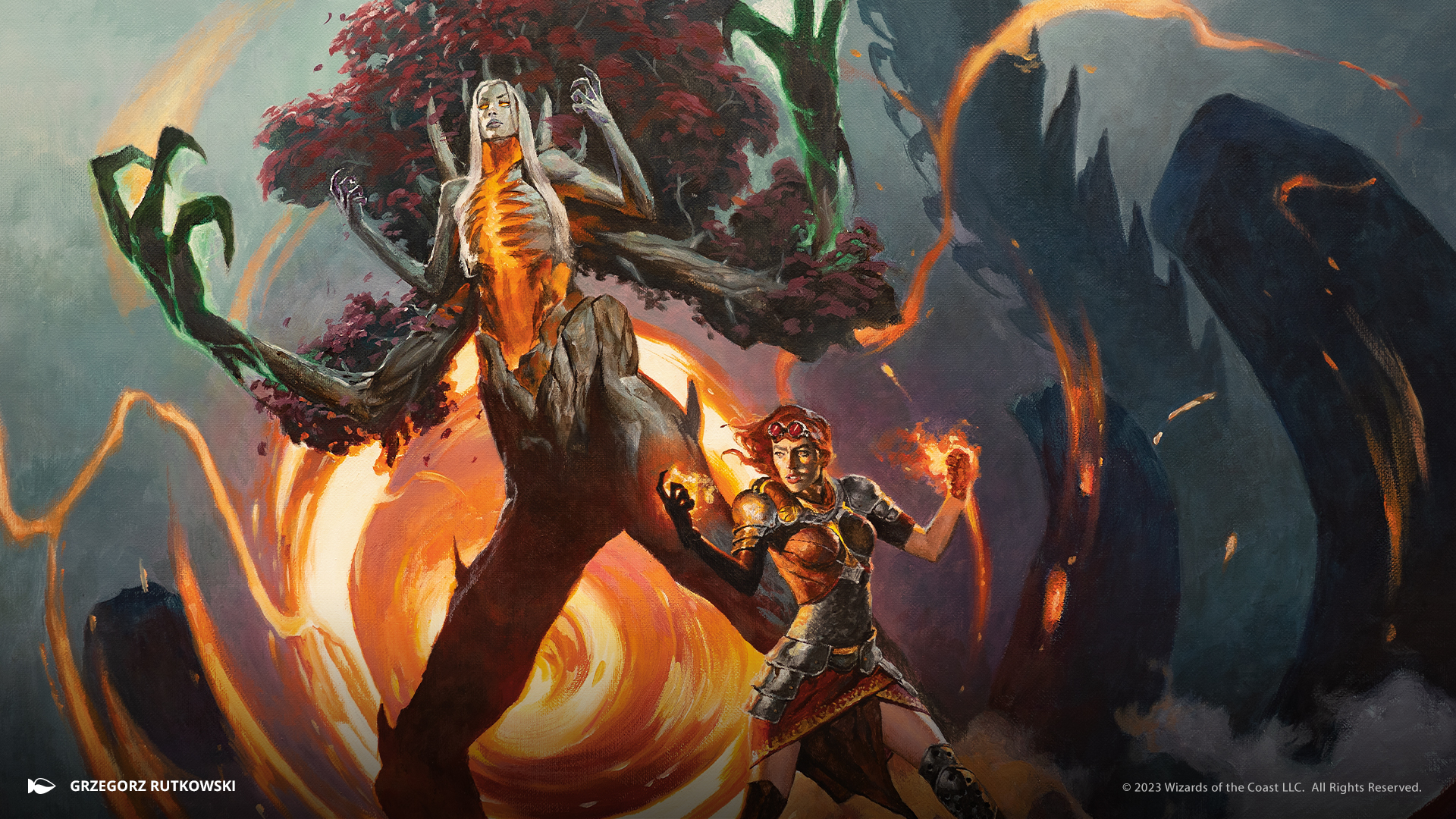 Chandra and Wrenn standing side-by-side, making similar poses as they focus their power. From the card Into The Fire.