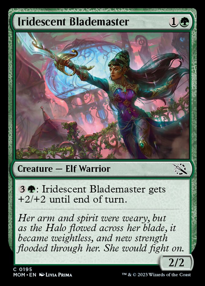 The card Iridescent Blademaster, a green creature. The art shows a bronze-skinned elf woman in extremely ornate and beautiful armor, her hair styled elaborately, wielding a fancy sword. She shimmers with a white light. The flavor text reads, “Her arm and spirit were weary, but as the Halo flowed across her blade, it became weightless, and new strength flooded through her. She would fight on.