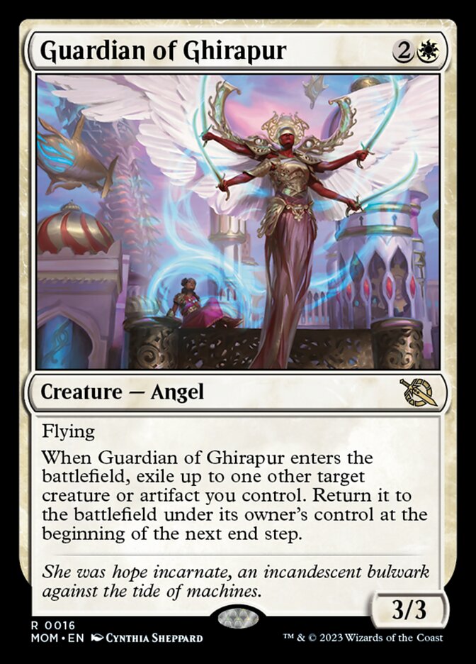 The card Guardian a Ghirapour, a white creature. The art shows a gigantic dark-skinned angelic woman, with giant white wings and four arms, wearing intricate golden armor. She stands protectively in front of a woman with a sari. The flavor text reads, “She was hope incarnate, an incandescent bulwark against the tide of machines.