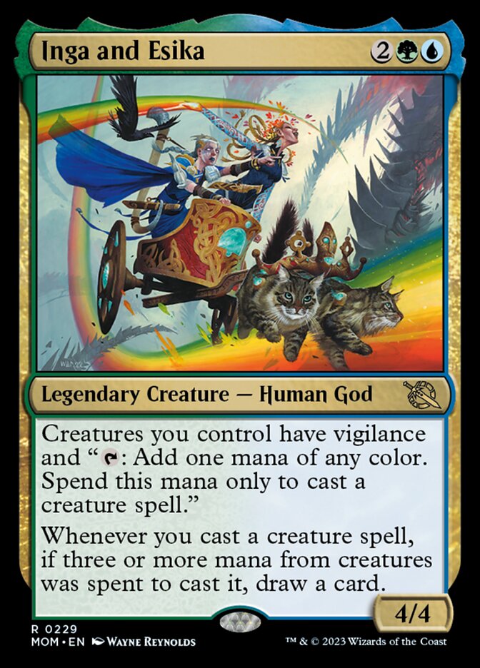 The card Inga and Esika, a blue and green creature. The art shows two white women in blue cloaks in a chariot pulled by cats, riding on a rainbow high in the air. One of the women has white eyes indicating blindness, and points ahead. The other has her arm spreads and seems to be calling out joyfully.
