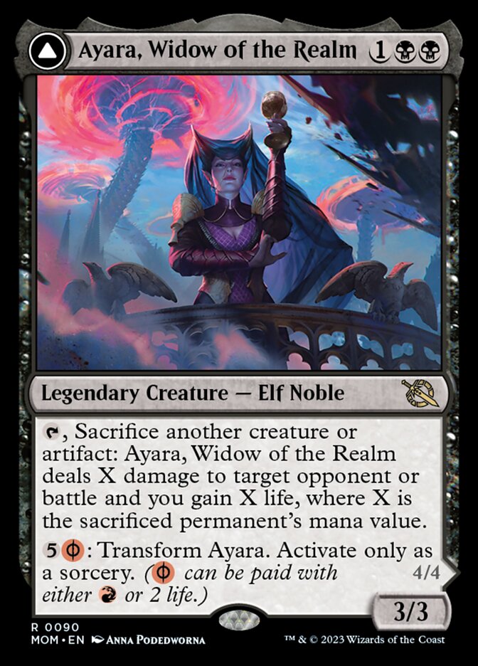 The card Ayara, Widow of the Realm, a black creature. The art shows a middle-aged white woman, dressed in a beautiful black and purple dress, wearing a horned crown and a veil. She holds a cup in her hand and looks down at the viewer thoughtfully.