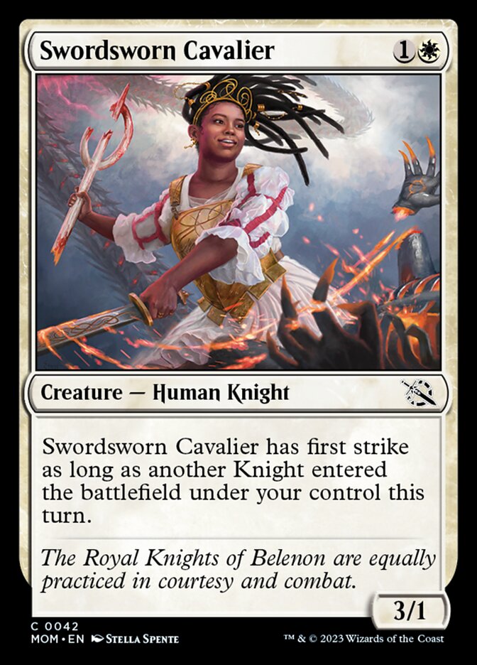 The card Swordsworn Cavalier, a white creature. The art shows a dark-skinned Black woman with locs, dressed in white with a golden tiara and breastplate. She is swinging a sword that’s taking fingers off the hand of a Phyrexian, but she’s smiling warmly and confidently. The flavor text reads, “The Royal Knights of Belona are equally practiced in courtesy and combat.