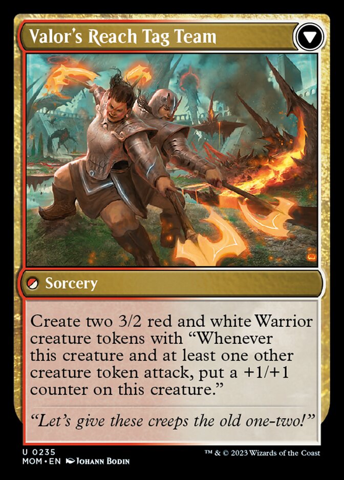 The card Valor’s Reach Tag Team, a red and white sorcery. The art shows two big, strong women, with yellow-green skin and curly black hair. They don’t look quite human. They both wear armor and wield axes, and are moving in unison. The flavor text reads, “Let’s give these creeps the old one-two!