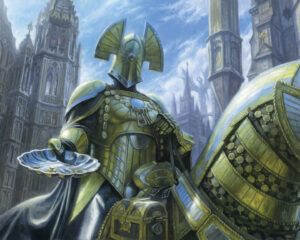A knight atop a horse is reaching down towards you with a church collection plate in hand. Their face isn't visible, and tall cathedral spires rise up around them.
