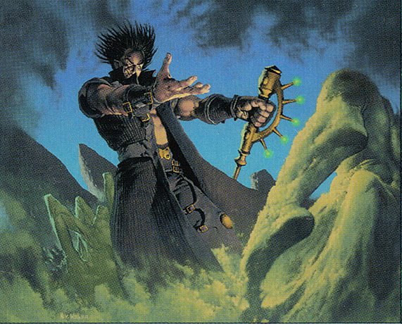 A male mage is calling forth a human shape out of a rising pile of earth. He's clad in a long vest, with a spikey hair. In his hand he holds a metallic staff with glowing lights on it.