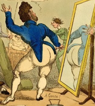 An exaggerated image of a well-dressed man admiring their own buttocks in a full-length mirror.