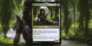 A depiction of the Magic card, Gretchen Titchwillow. A young halfling woman with brown skin and long hair sits beneath a shady tree, with a gentle stream running beside them. They're looking calmly at a mouse in the palm of their hand.