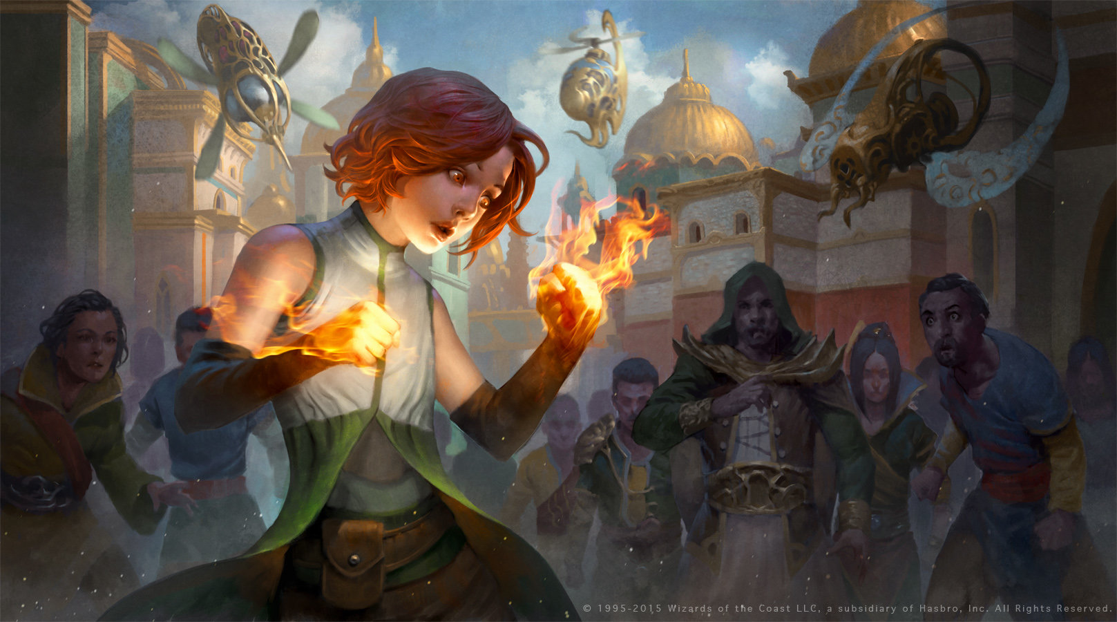 Art by Lius Lasahido, from the story “Chandra’s Origin: Fire Logic”. Young Chandra Nalaar, a red-haired girl of 11, looks down in wonder and surprise at fire which has exploded unexpectedly from her hands. Bystanders on the crowded street watch with reactions from ranging from awe to anger.