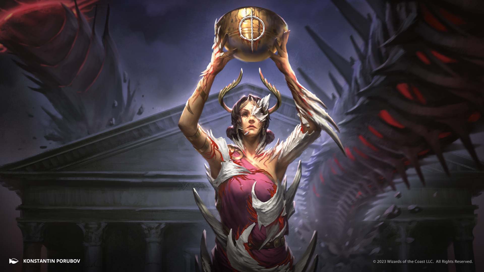 Art from the card Alabaster Host Sanctifier. A woman holds a chalice in the air, marked with a Phyrexian symbol. Her face is grave and there are signs of compleation on her face, dark marks and a white plate growing out of one eye.