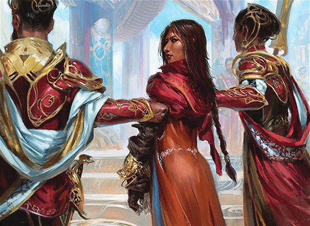 Art from the card Captured By The Consulate, by Tyler Jacobson. Pia Nalaar, a brown-skinned woman with long dark hair, is being led by two uniformed soldiers. Her hands are bound in front of her. She looks over her shoulder at us; her face is stern and defiant.