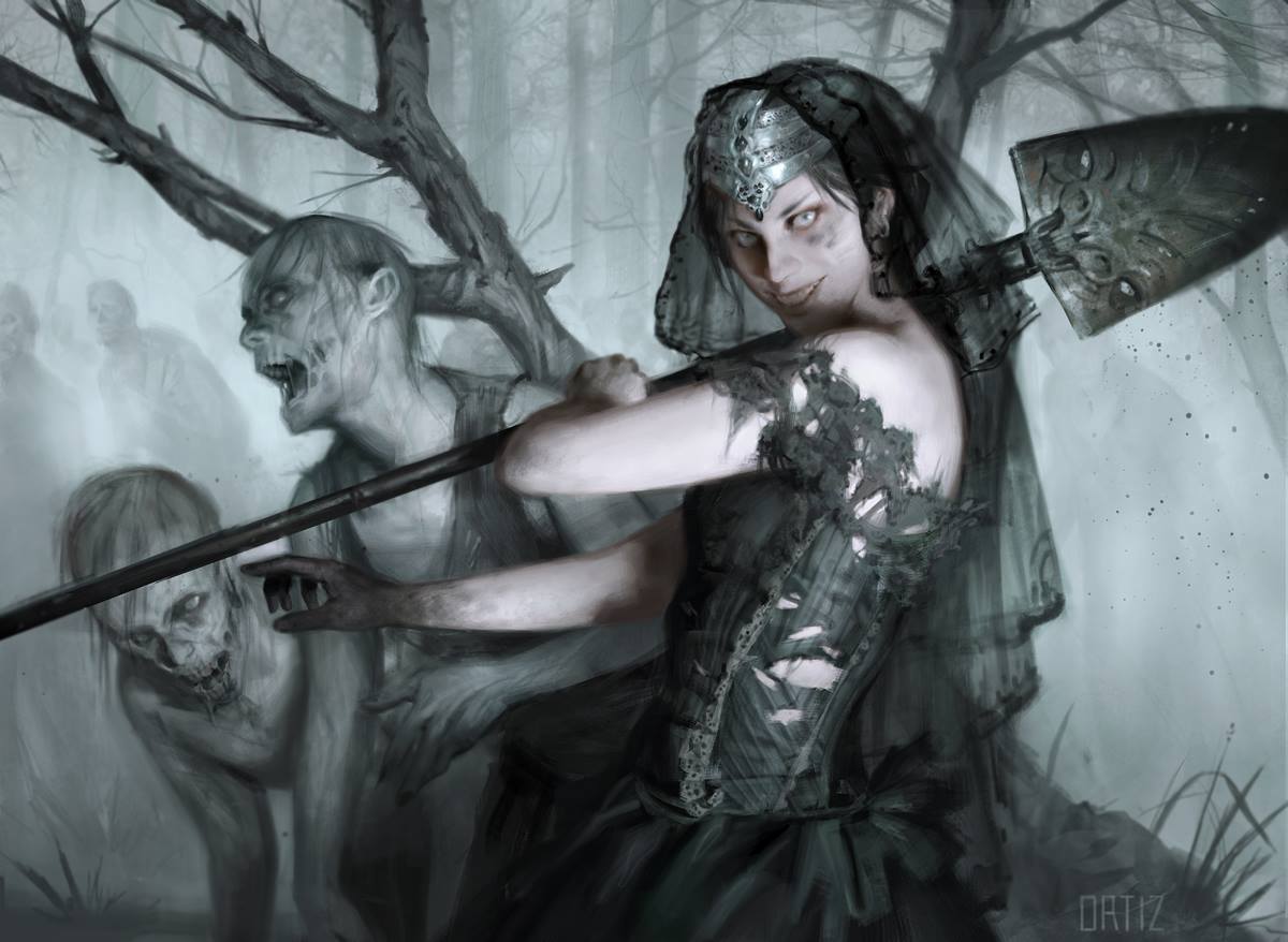 Art from the card Gisa, Ghoulcaller, by Karla Ortiz. A deathly pale woman with uncanny yellow eyes. She wears a rich but tattered gown, and has a feral smile. She has a shovel lifted over her shoulder, as if to strike the viewer.