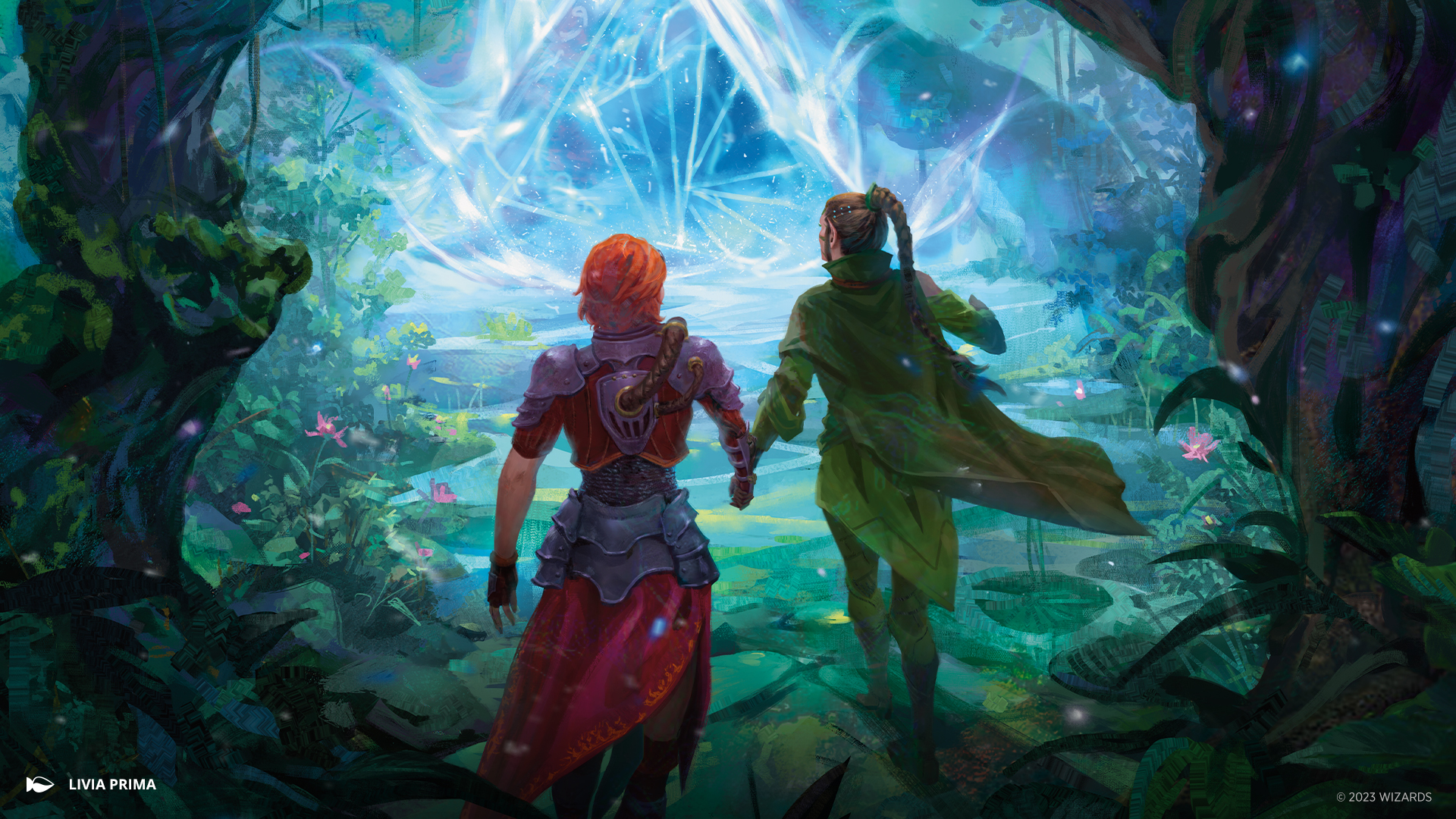 Art from the card Open The Way by Livia Prima. Nissa, a woman clad in green, holds the hand of Chandra, a woman dressed in red, leading her through a lush forest toward a glowing blue portal.