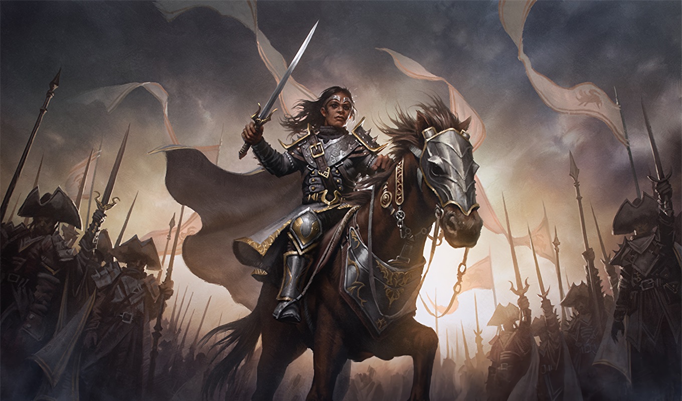 Art from the card Adeline, Resplendent Cathar, by Bryan Sola. Adeline, a dark-skinned woman in full armor, rides a horse with her sword raised, surrounded by resolute soldiers armed with pikes. The sun rises behind her.
